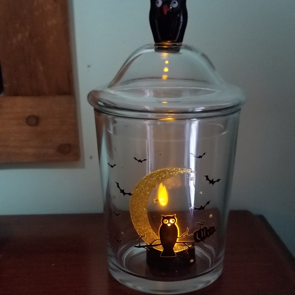 clear glass candy jar lid tealight holder canister happy Halloween moon owl bats - Picture 3 of 7